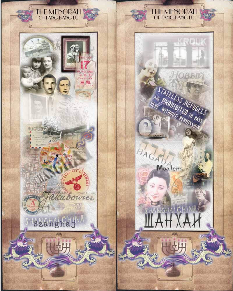 Menorah Scrolls montage of emigre families memories, objects, personal effects
